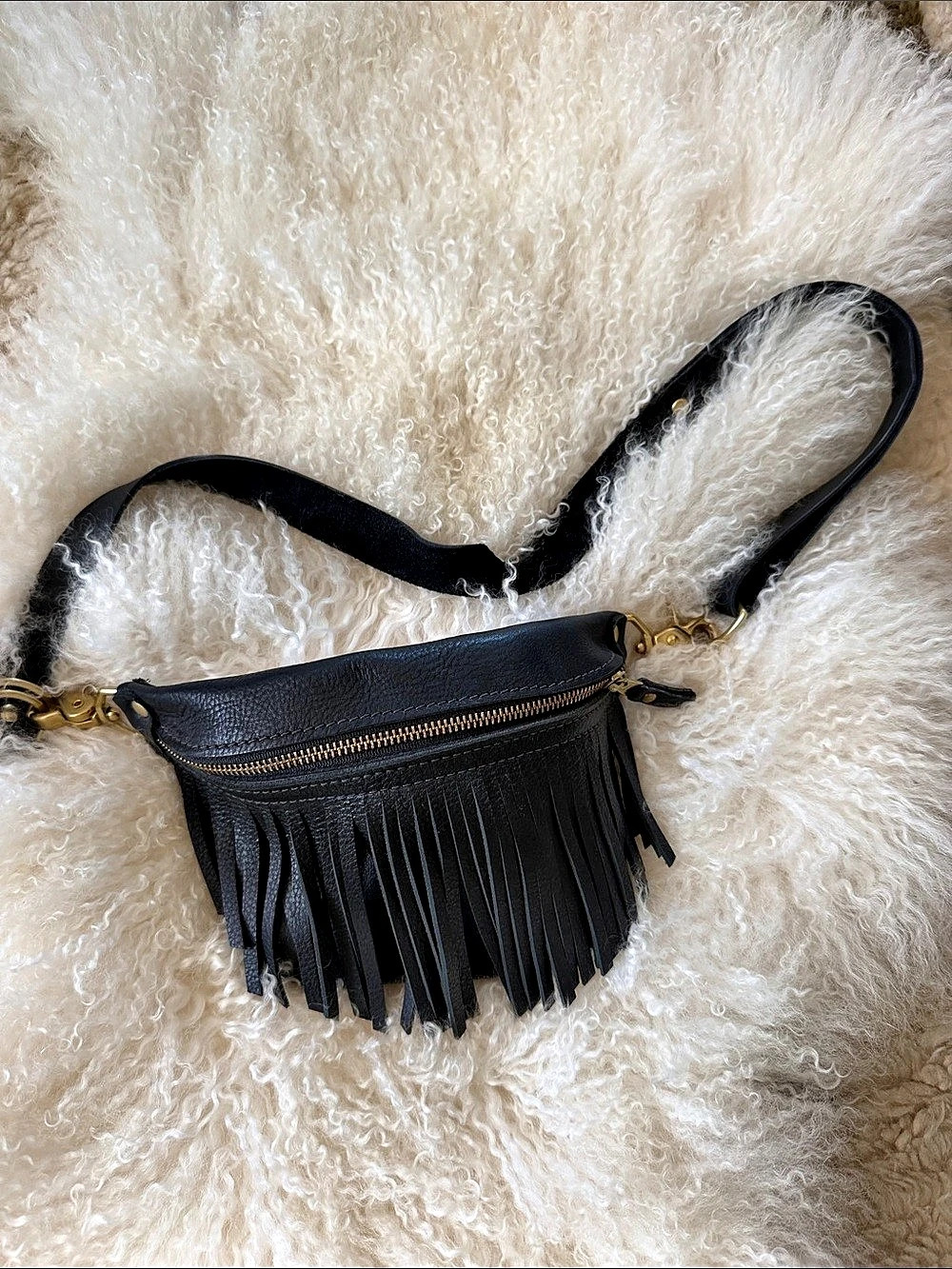 New_Crossbow Leather_Genuine leather Fringe Crossbody Bag in Black / Fanny Pack_